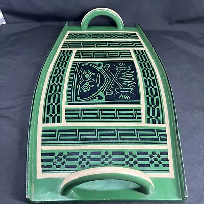 Vintage 50-60s Bamboo Wood Tray Tribal Mid Century Decor Green Wooden 10x19 • $39