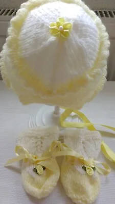 Hand Knitted New Born Baby Or Doll Bonnet Hat Yellow -& White With Mittens • £5