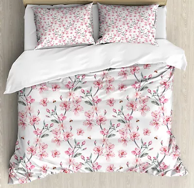 Watercolor Duvet Cover Set With Pillow Shams Sakura Cherry Garden Print • $89.99