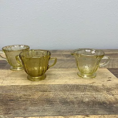 Federal Amber/Yellow Depression Glass Madrid Style Cream And Sugar Vintage Set 3 • $51.89