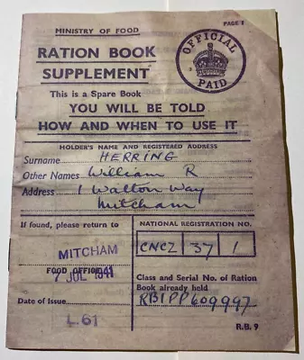 Ration Book Supplement - Ministry Of Food Mitcham London - Mr William R Herring • $10.10