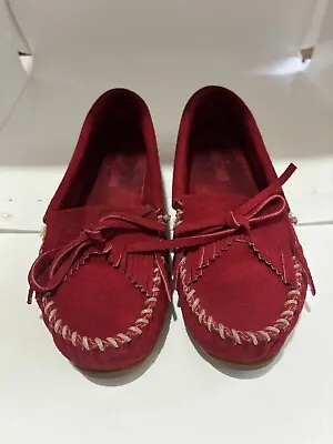 Minnetonka Red Suede Leather Slip On Moccasin Shoes Sz 6.5 • £16.54