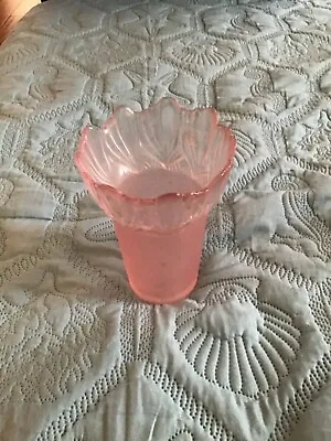 Vintage Viking Glass Art Deco Vase  Frosted  Pink With Clear Pink Scolloped Top  • $59.30