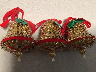 3 Handcrafted Push Pin Bead Sequin Christmas Ornament Vintage MCM Bells Gold/Red • $7.99