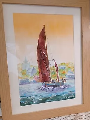  ORIGINALWATERCOLOUR By TREVOR WHILDFRAMED 14  X11 THAMES SAILING  BARGE.  • £35