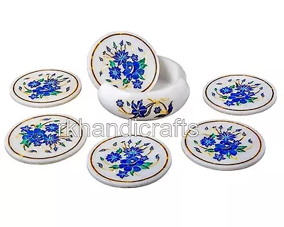 4.5 Inches Lapis Lazuli Stone Inlay Work Wine Coaster Set Marble Tea Coaster Set • $197.02