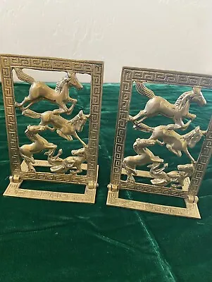 Vintage Horses Brass Fold Up Bookends Chinoiserie Decor Cut Out Design Taiwan • $15