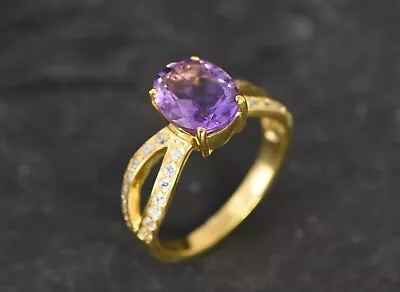 3.21 Ct Real Oval Cut Amethyst & Diamond Engagement Ring 14K Solid Yellow Gold • $582.99
