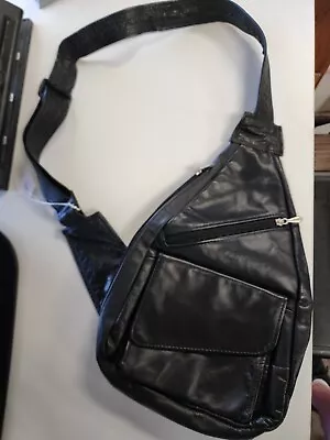 Vintage Black Leather Multi-zip Pocket T-strap Backpack • $22