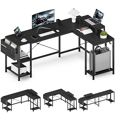 L Shaped Desk 80  Reversible Corner Computer Desk With Shelves Home Office Black • $109.99