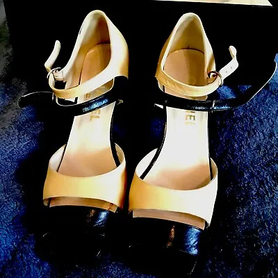 Vintage Chanel Classic  Black/Beige Double Ankle Strap Shoe Size 37.5 • $250