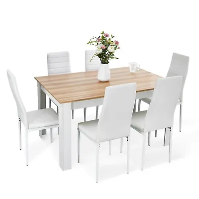 Oak Wooden Dining Table Set With 6 White Faux Leather Chairs Kitchen Furniture • £152.99