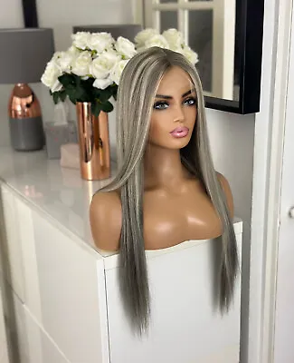 Balayage Ash Platinum Silver Grey Blonde Lace 22” 28” 100% Human Long Hair Wig • £299.99