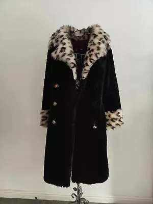 Vintage Faux Fur Coat  Luxury Barseal Black And Leopard Print Size L Cruella • $11.70