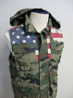 VINTAGE Hoodie Vest Adult Medium Woodland Camo USA Flag Patriot Army 90s Retro • $80