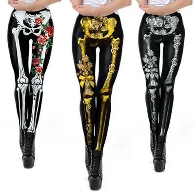 £9.59 • Buy Women's Halloween Rose Skeleton Bone Yoga Pants Leggings Fitness Gym Trousers