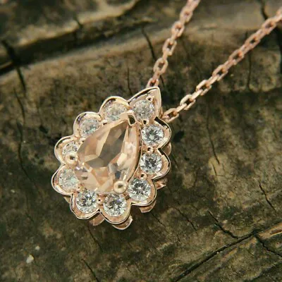 3CT Pear Cut Lab Created Morganite Women's Halo Pendant 14K Rose Gold Plated • $90