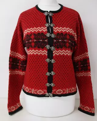 Fairisle Cardigan Icelandic Pattern MARSH LANDING Red Petite Small UK 10 • £18