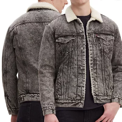 Levi's Men's Cotton Sherpa Lined Denim Jean Trucker Jacket Grey Smog 163650090 • $83.95