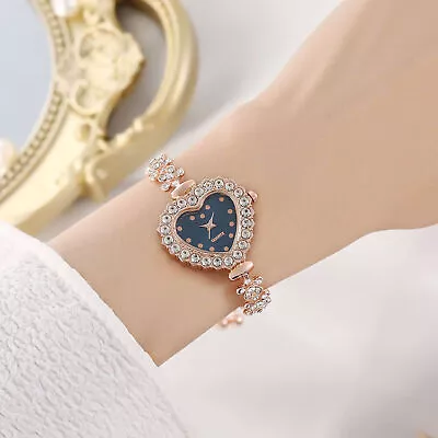 Women Fashion Heart Dial Quartz Watch Casual Rhinestone Bracelet Wristwatch • $12.14