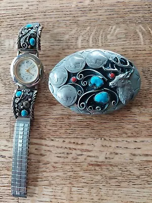 Native American  Quartz Silver Turquoise  Watch And Buffalo Nickle Belt Buckle • $100