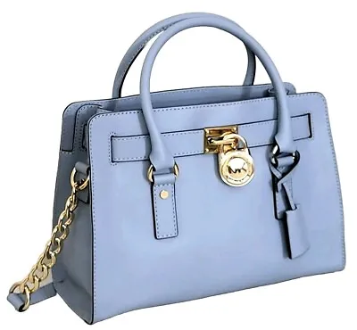 🌞michael Kors Hamilton Pale Blue Saffiano Leather Gold Lock Satchel Bag🌺nwt! • $185.99