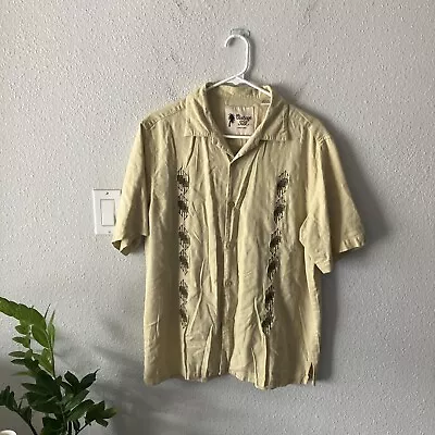 Vintage Silk Mens Large 100% Silk Embroidered Button Down Beige Bowling Shirt • $29.95