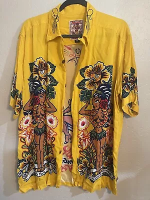 Mambo Loud Mens Small Vintage Yellow Spanner Girl Hawaiian Button Up Shirt • $299.99