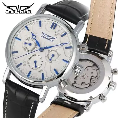 JARAGAR Military Sport Men's Automatic Mechanical Watch Date Leather Strap Gift • £26.39