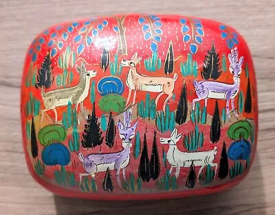 Vintage Kashmir Paper Mache Trinket Box: Woodland Animals Red Domed • $30