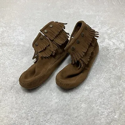 Minnetonka Moccasin Boot Womens Size 9.5 Double Fringe Side Zip Brown Suede • $29.99