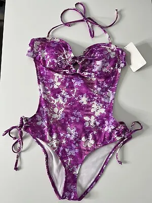 Oakley One Piece Swimsuit Size Large Purple Primrose Floral Open Back Halter • $27.21