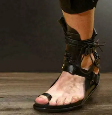 Men Thong  Leather Sandals Lace Up Shoes Punk Roman Gladiator Ring Toe Nightclub • $109.68