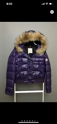 Moncler Womens Down Puffer Hooded Jacket Size 2 Purple Logo • $450