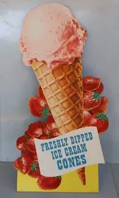 Vintage FRESHLY DIPPED ICE CREAM CONE Die Cut Soda Fountain Strawberry Sign NOS • $14.67