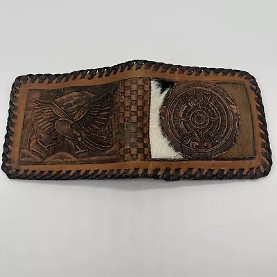 VTG MEXICAN Hand Tooled Leather Bifold Wallet Aztec Cow Fur Eagle • $17.10