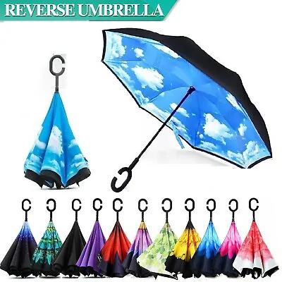 Windproof Upside Down Reverse Umbrella Double Layer Inverted Umbrella C Handle • $21.99