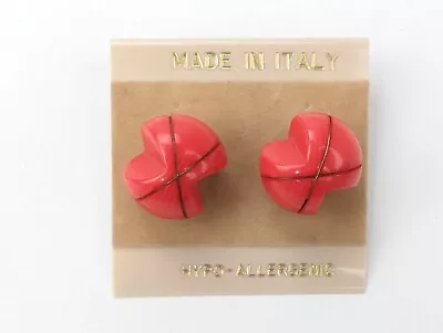Vintage Made In Italy Red Celluloid Pierced Earrings 3/4  Carved Wire Wrapped • $24.99