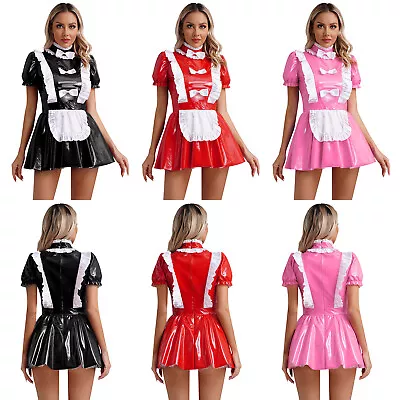 Womens Uniform Wetlook Maid Costume Shiny Dresses Masquerade Fancy Dress Bow • $7.59