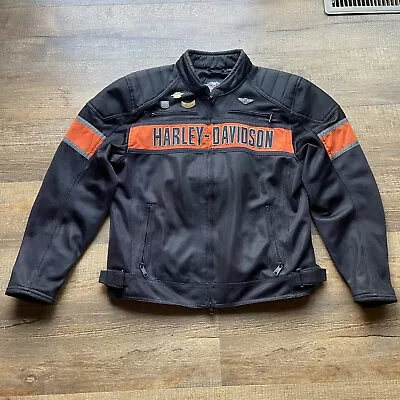 Harley Davidson Mens Jacket L Black Mesh Riding Gray Orange Reflective Armor Bar • $108