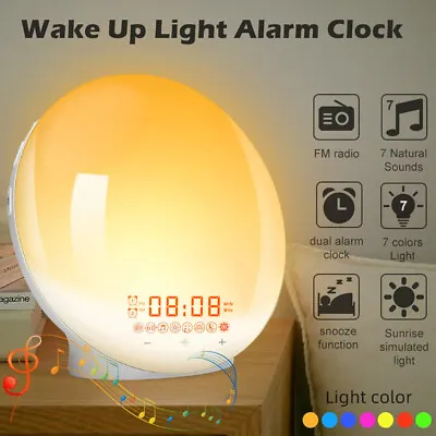 $52.99 • Buy Wake-up Light Sunrise Alarm Clock LED FM Radio Bedside Sounds Night Lamp 7 Color
