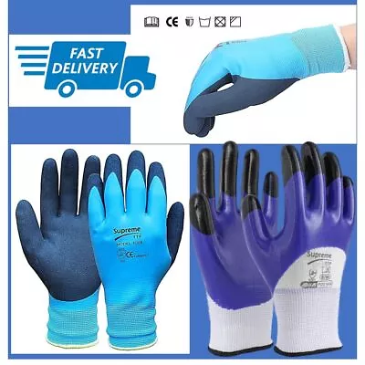 Waterproof Blue Latex Coated Work Safety Grip Gloves Builders Gardening Mechanic • £28.99