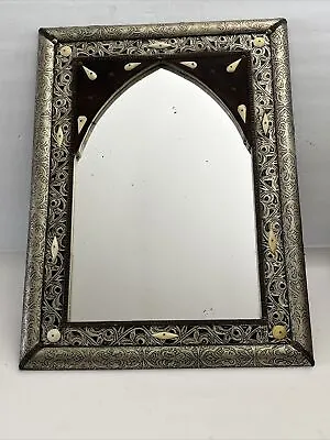 VTG Moroccan Handmade Wooden Wall Decor Mirror Leather Bone Metal 23.5 X 17.5” • $146.25