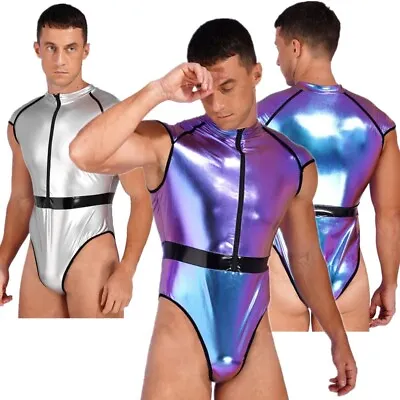 Mens Astronaut Costume Space Suit Shiny Zipper Pole Dance Bodysuit Clubwear • $13.28