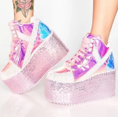 RARE Kawaii Lolita Rave YRU Pink Mermaid Holographic Platform Sneakers Size 10 • £85.81
