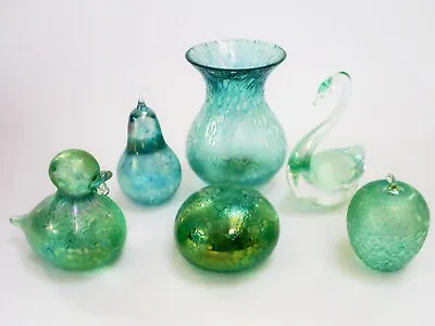 £39.99 • Buy 6 Various Lovely Heron Glass Green Iridescent Miniature Paperweights & Vase Etc