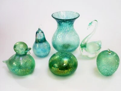 £39.99 • Buy 6 Various Lovely Heron Glass Green Iridescent Miniature Paperweights & Vase Etc