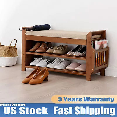 Modern 2 Tier Entryway Bamboo Bench Living Room Storage Shoe Rack With Cushion  • $77