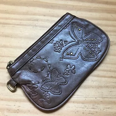 VTG Fossil Genuine Leather Embossed Butterfly Brown Leather Mini Purse Hand Bag • $16.99