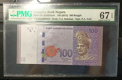 Malaysia Banknote Rm100 Pmg67epq Low Number Bq0000023 Zeti Gabenor • $118